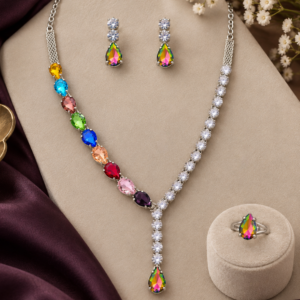 Multicolour Glass stone Statement Necklace Set with Ring