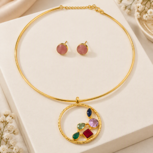 Multicolour Ring Pendant Hsli Necklace Set with Ruby Studs