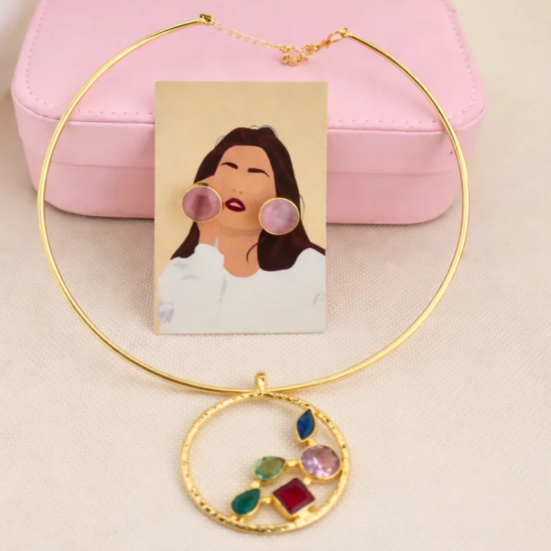 Multicolour Ring Pendant Hsli Necklace Set with Ruby Studs - Image 2