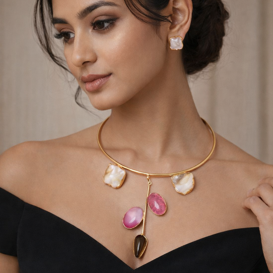 Multicolour stone pendant necklace set - Image 4